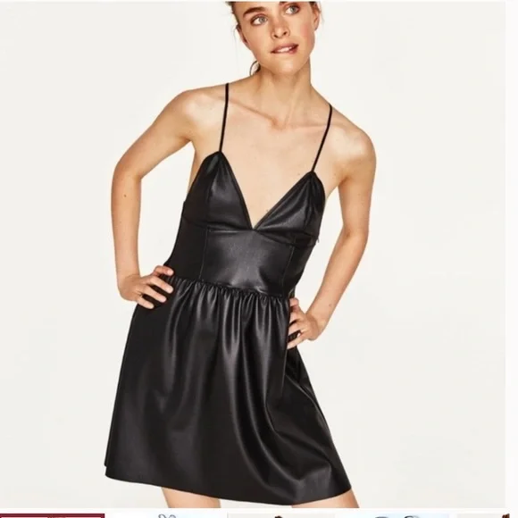 Zara  Faux leather black cross back mini dress size medium
